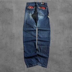 Vintage Baggy Embroidered Jeans Distressed Dragon Pocket Design Denim 30x33